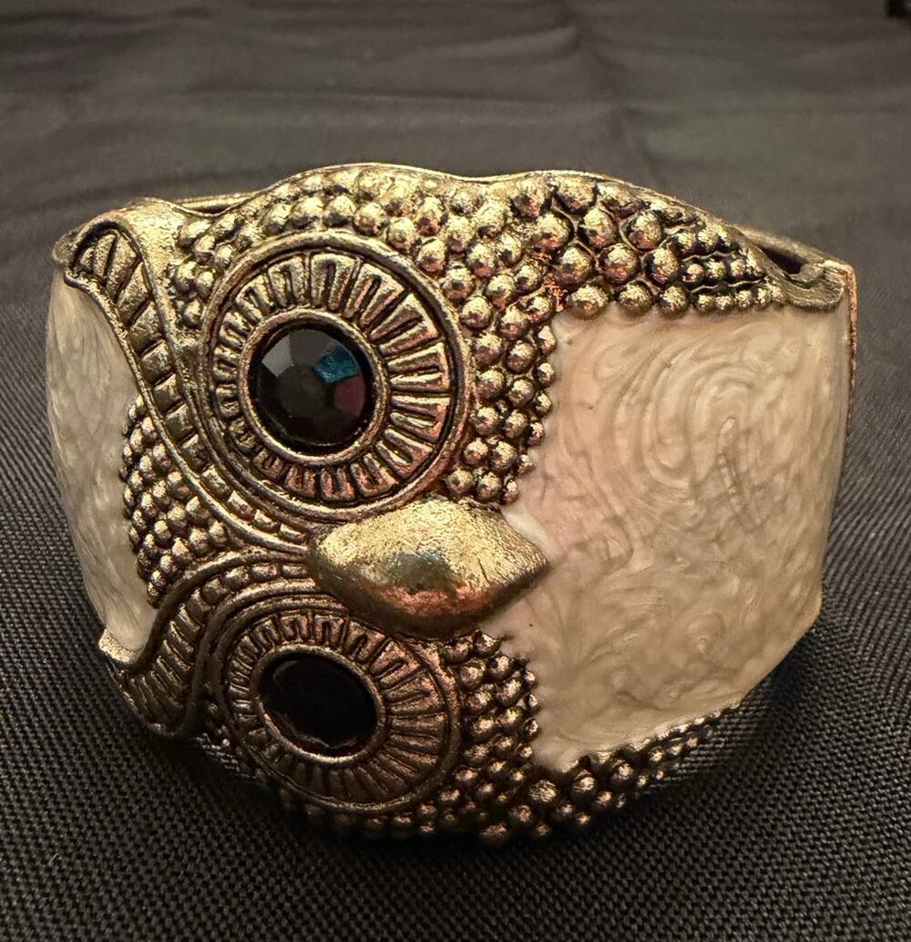 Owl Hinged Cuff antique gold tone cream/white enamel Rhinestones Boho Chunky 7"